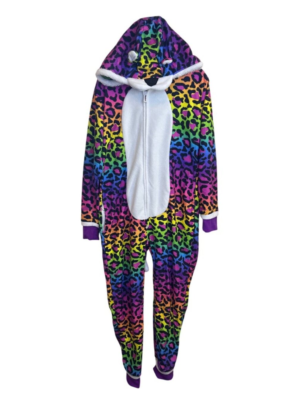 Tipsy Elves Rainbow Leopard Cat One Piece Zip Up Fleece Suit Halloween Costume